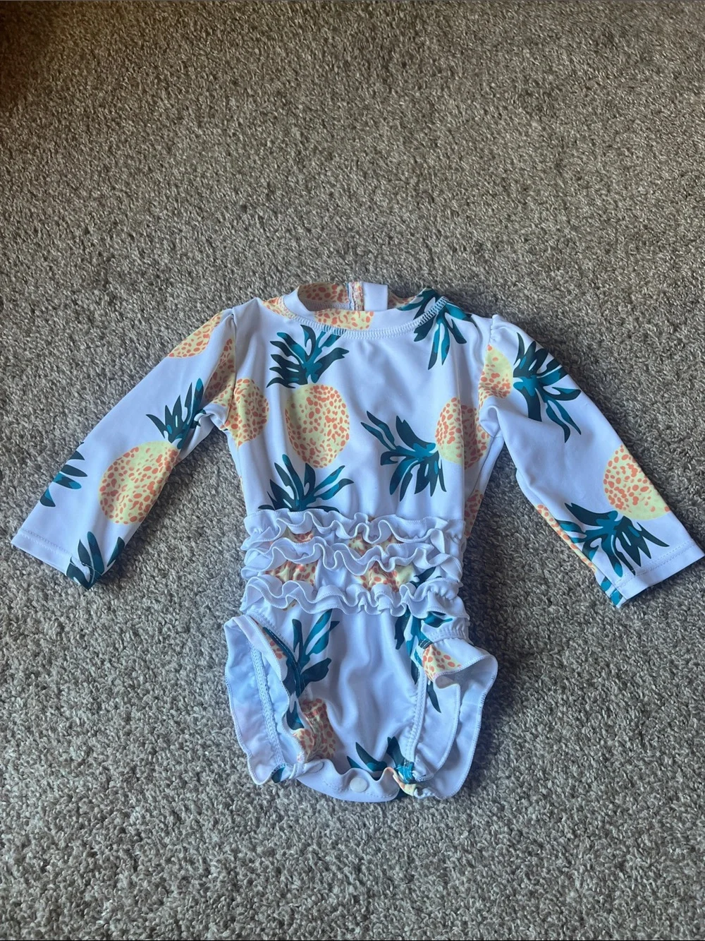 Girls White Pineapple Ruffle Long-Sleeve Swimsuit